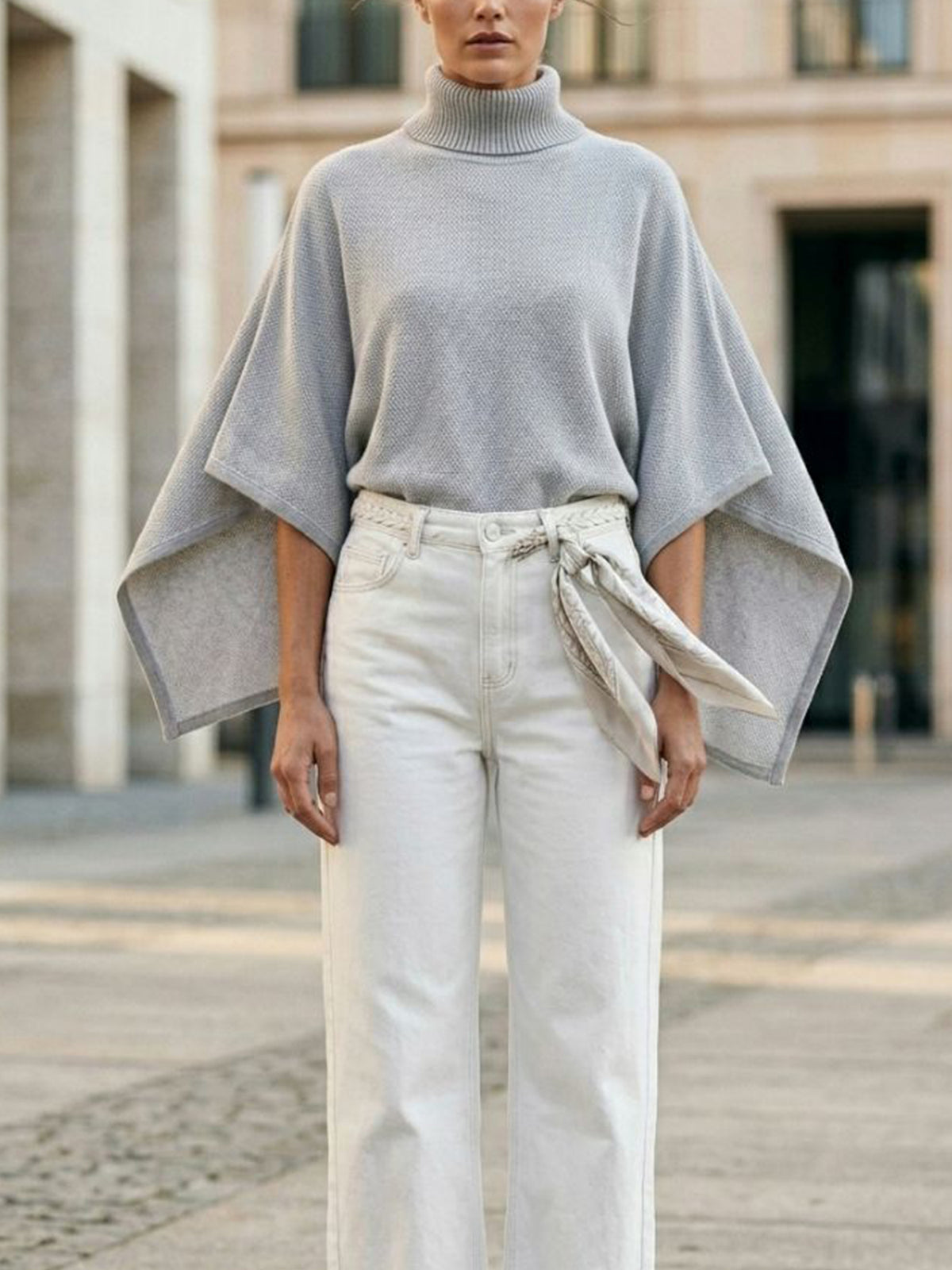 Recycled Knit Poncho in Grey Knit