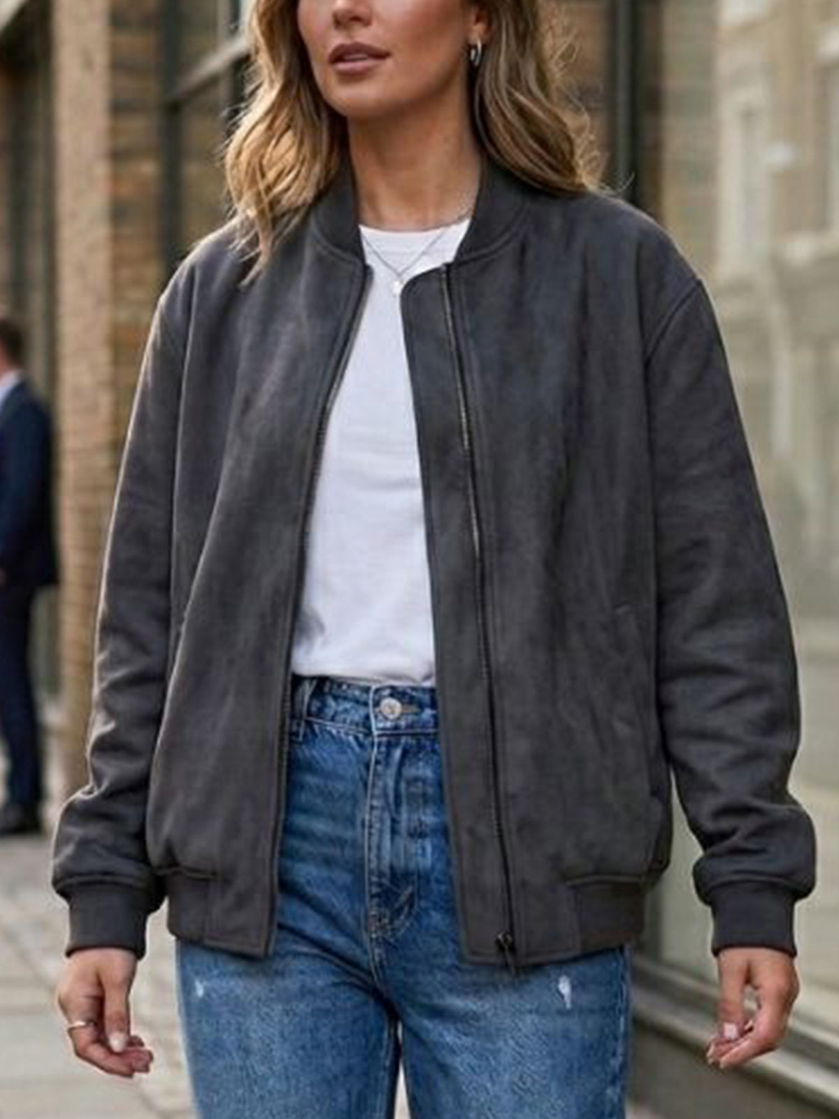 Bomber Jacket in Black Vegan Suede