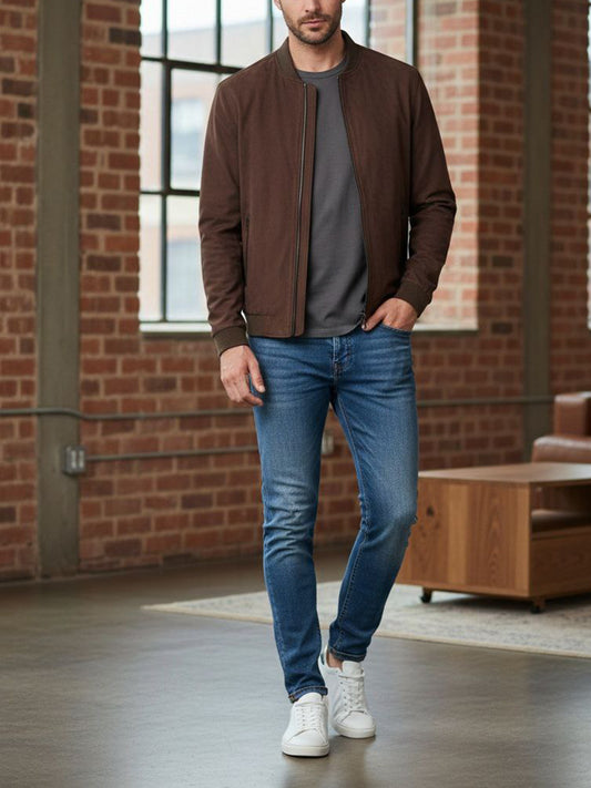 Bomber Jacket in Black Vegan Suede