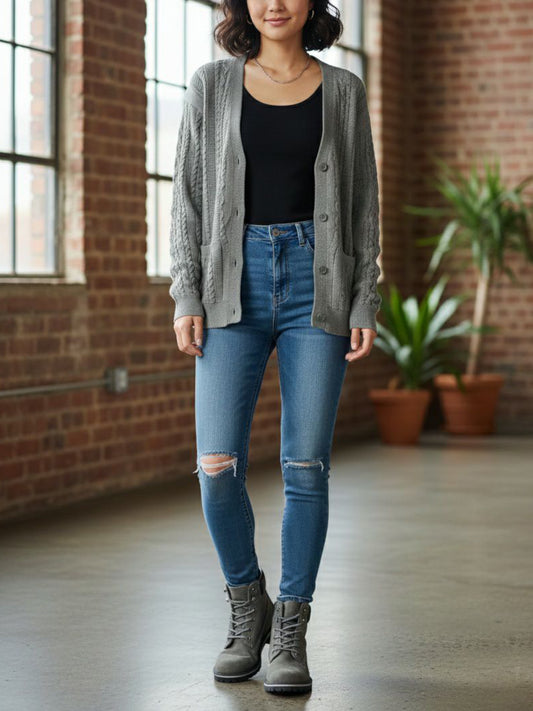Chunky Button Up Knitted Cardigan in Grey