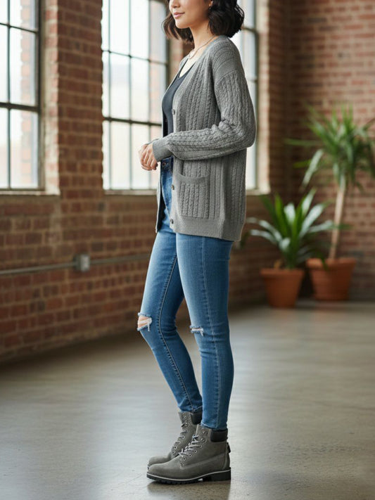 Chunky Button Up Knitted Cardigan in Grey