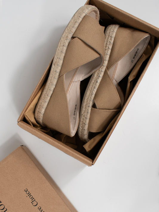 Recycled Espadrille Cross Over Straps in Beige Canvas