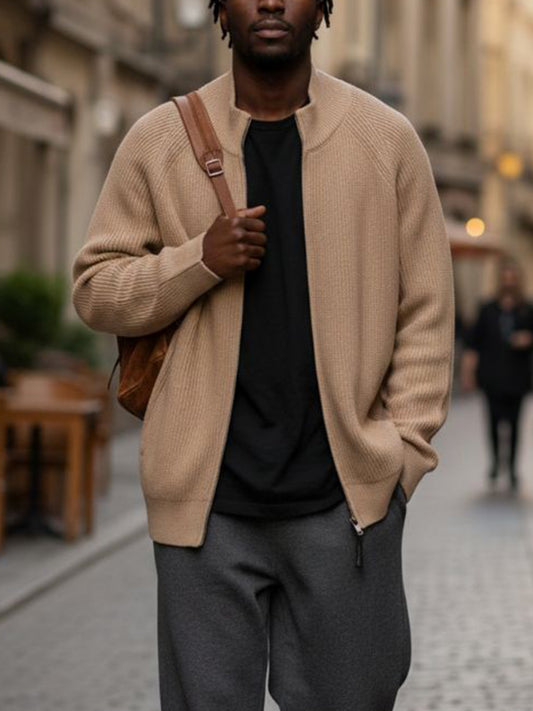 Full Zip Knitted Jacket in Tan