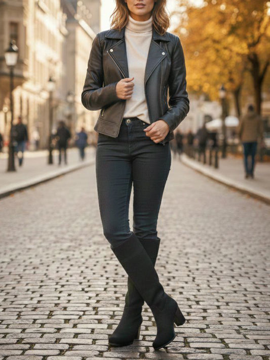 Heeled Knee High Boots in Black Vegan Suede, heel detail