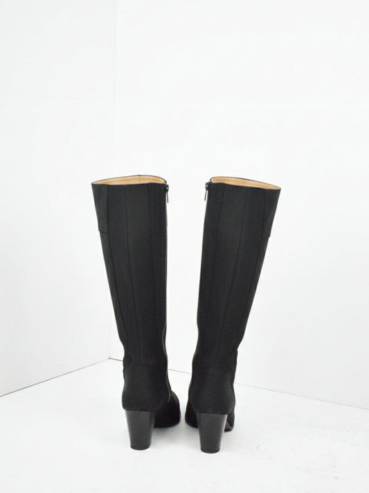 Heeled Knee High Boots in Black Vegan Suede, heel detail
