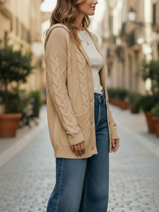 Hooded Button Up Knitted Cardigan in Tan