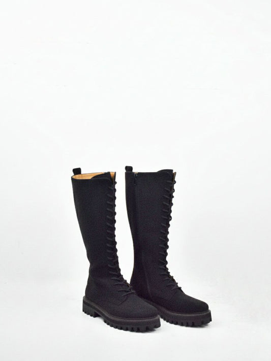 Lace-Up Vegan Suede High Boots in Black