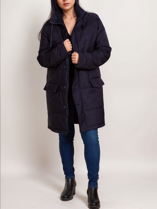 Recycled Quilted Parka in Navy Blue, on model