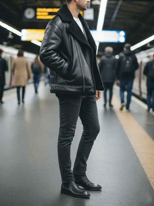 Oversized Recycled Vegan Shearling Aviator Jacket in Black Vegan Leather