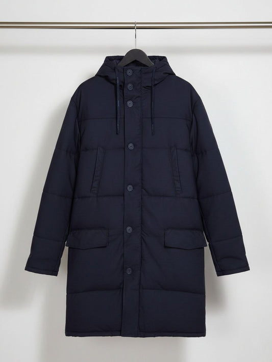 Recycled Quilted Parka in Navy Blue, on model
