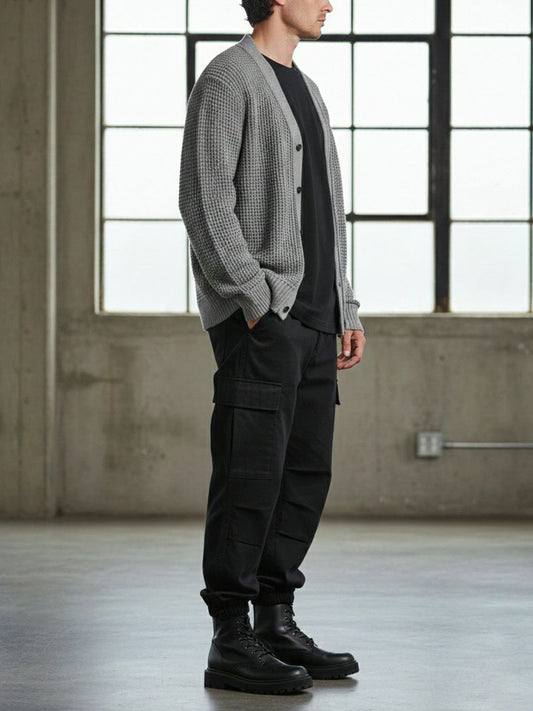 Recycled Waffle Cardigan in Grey Knit