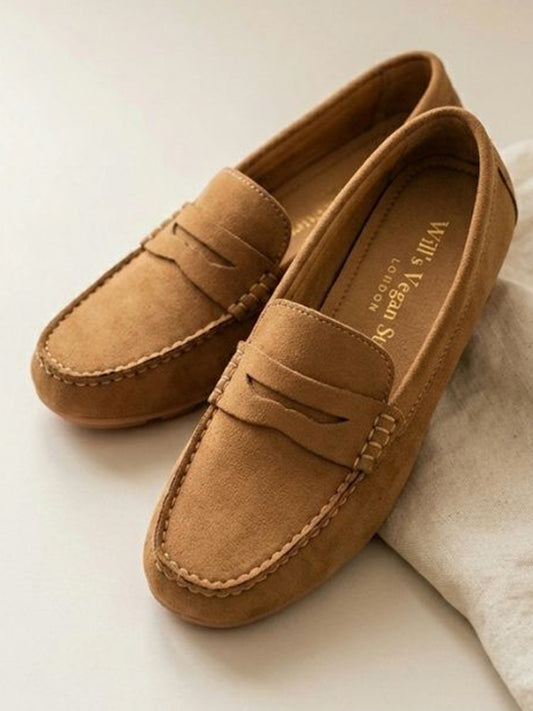 Vegan Suede Penny Loafers in Chestnut Vegan Suede