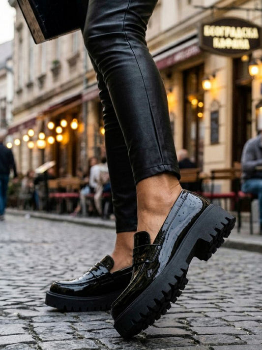 Track Sole Penny Loafers in Patent Black