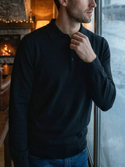 Recycled Long Sleeve Polo in Black Knit