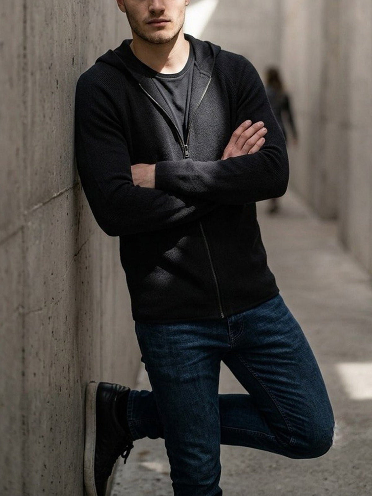 Recycled Zip Up Knit Hoodie in Black Knit