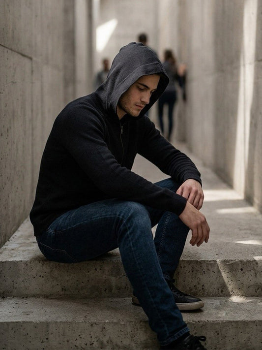 Recycled Zip Up Knit Hoodie in Black Knit