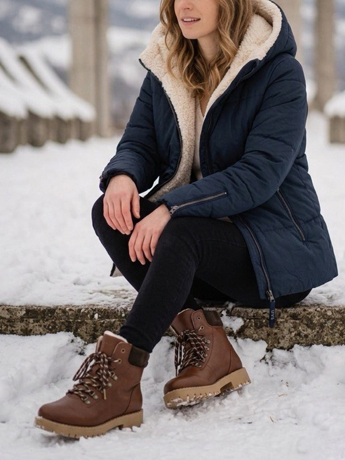Recycled Vegan Shearling Puffer in Dark Blue & Cream
