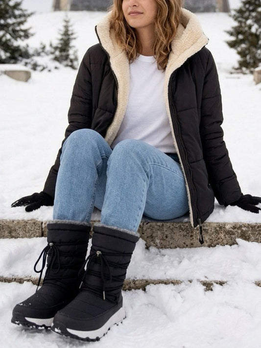 Recycled Vegan Shearling Puffer in Black & Cream