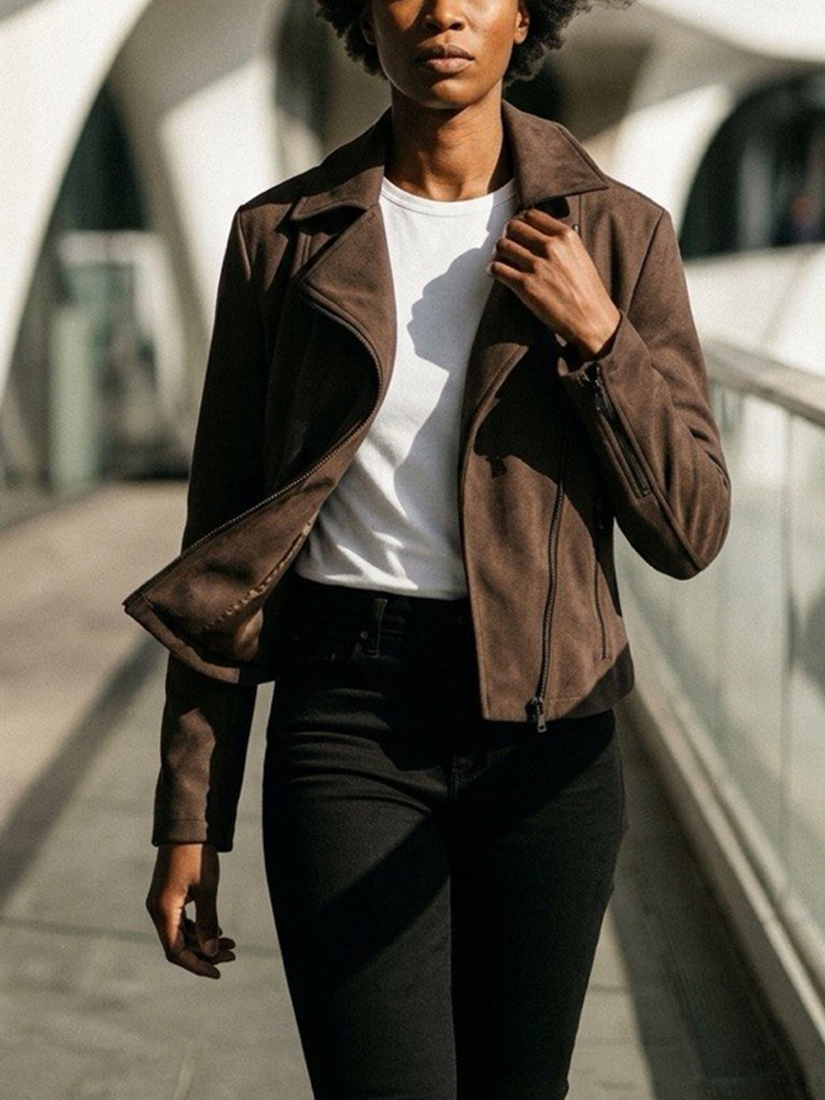 Vegan Suede Biker Jacket in Dark Brown Vegan Suede