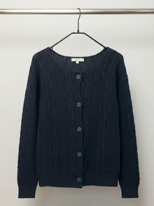 Chunky Button Up Knitted Cardigan in Navy Blue