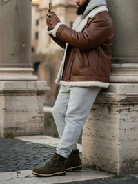 Oversized Recycled Vegan Shearling Aviator Jacket in Brown Vegan Leather