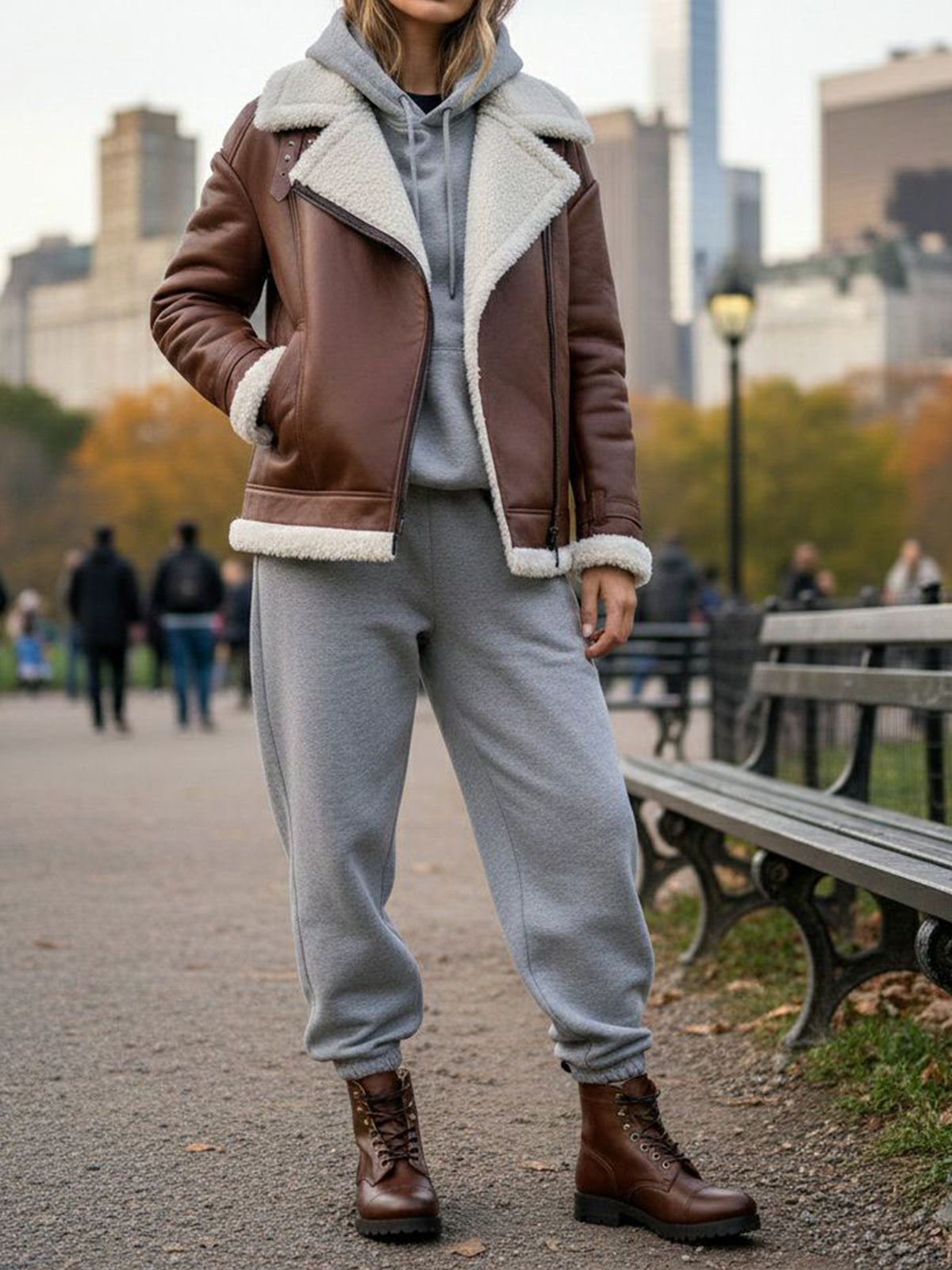 Oversized Recycled Vegan Shearling Aviator Jacket in Brown Vegan Leather