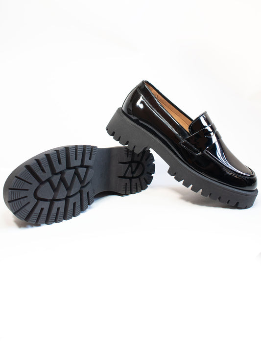 Track Sole Penny Loafers in Patent Black