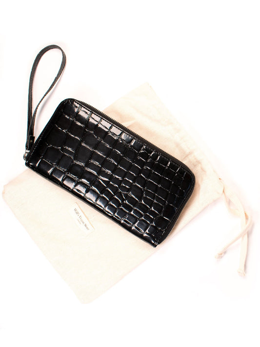 Large Zipper Wallet in Black Patent Mock Croc
